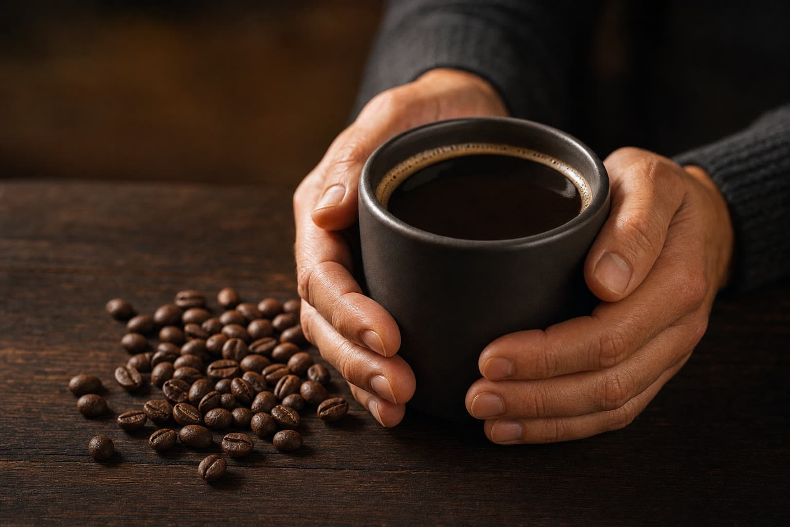Hands around a ceramic mug of dark brewed coffee with roasted beans nearby