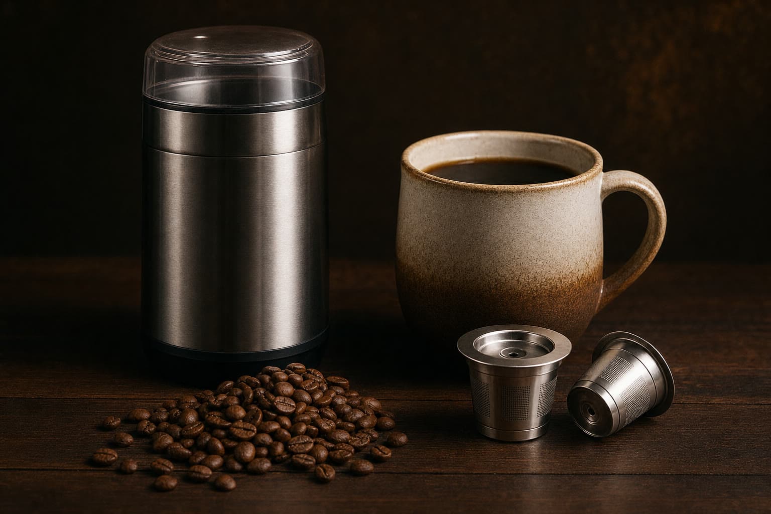 Coffee grinder, roasted beans, and a mug of dark coffee on a wood table